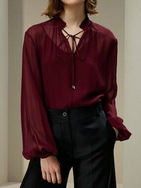 LilySilk Tie Front Drawstring Georgette Blouse M 100% Mulberry Silk Oxblood $179